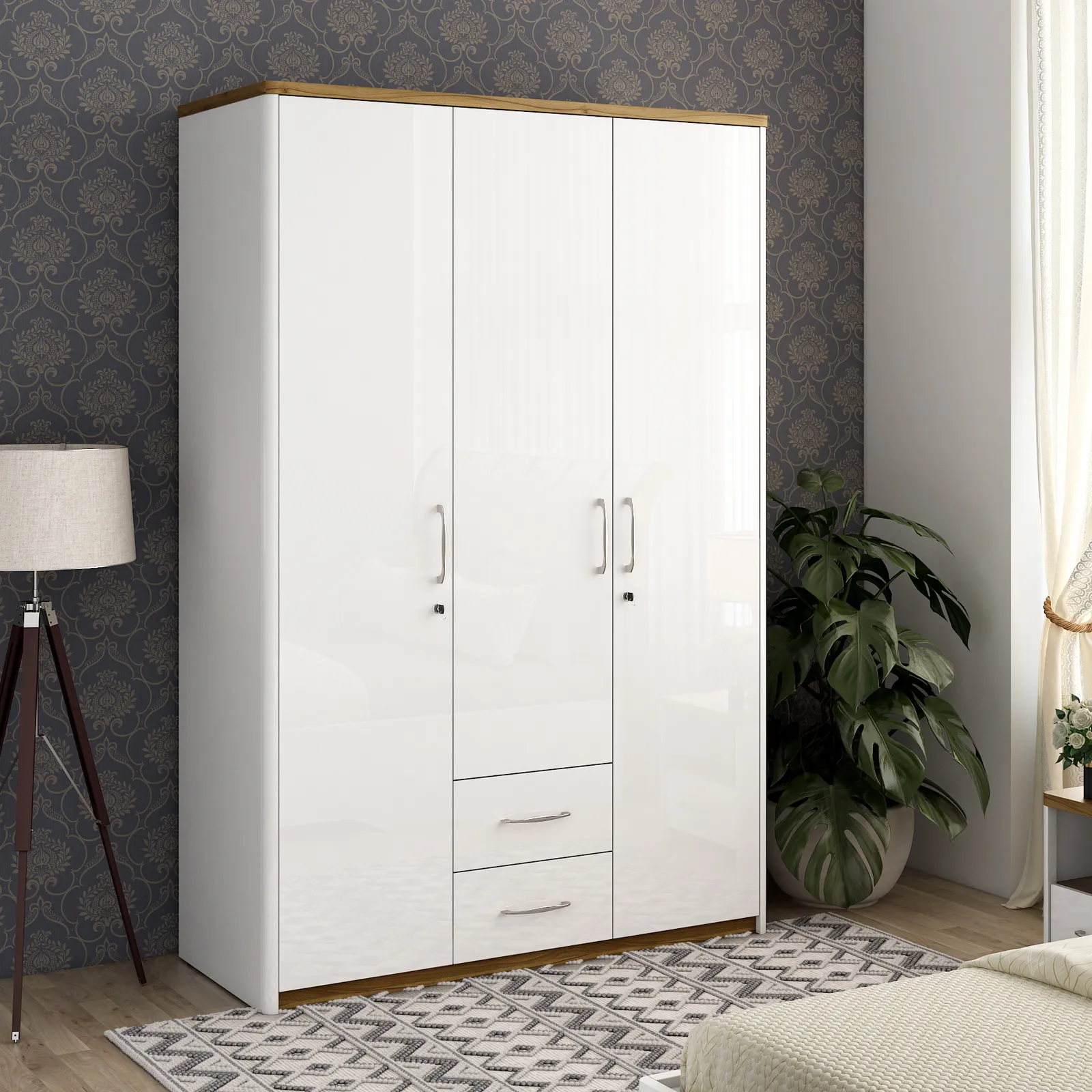 Jupiter 3 Door Wardrobe Without Mirror - High Gloss White